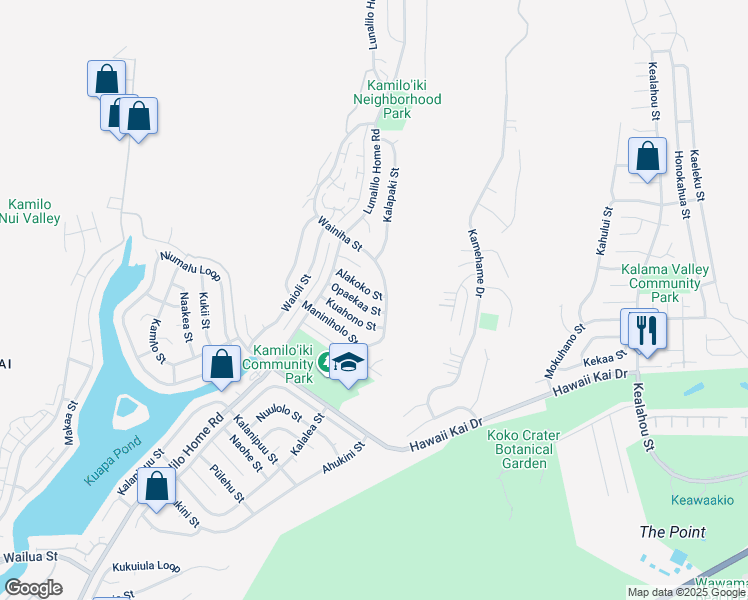 map of restaurants, bars, coffee shops, grocery stores, and more near 7254 Opaekaa Street in Honolulu