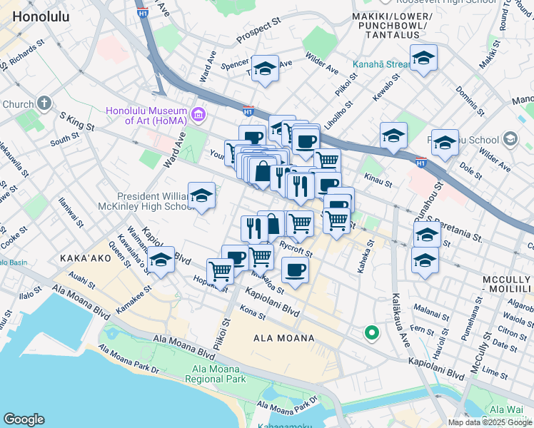 map of restaurants, bars, coffee shops, grocery stores, and more near Piikoi Street in Honolulu