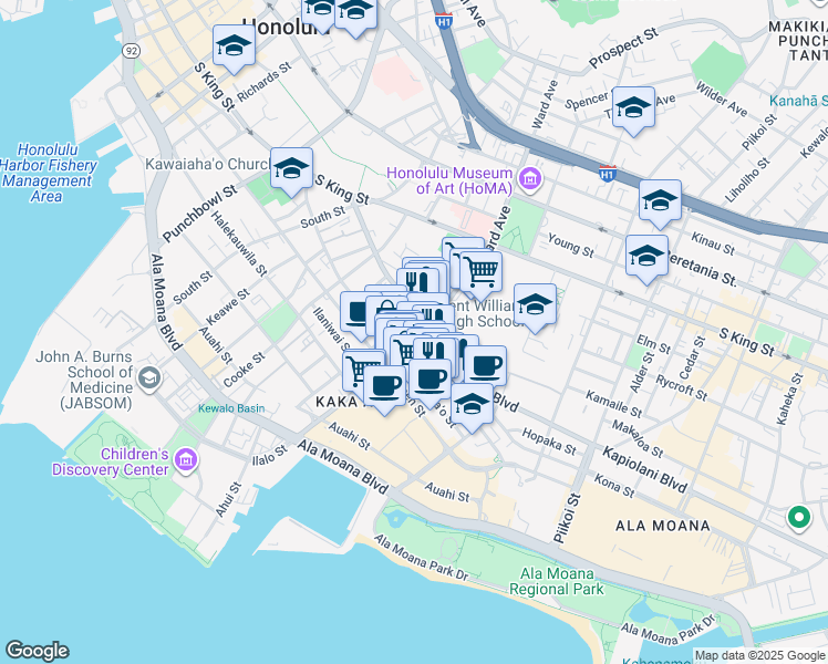 map of restaurants, bars, coffee shops, grocery stores, and more near in Honolulu