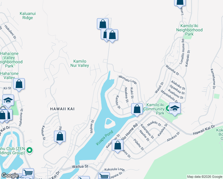 map of restaurants, bars, coffee shops, grocery stores, and more near 6886 Niumalu Loop in Honolulu
