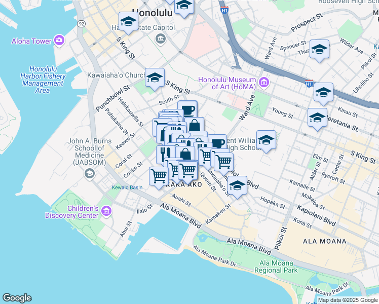 map of restaurants, bars, coffee shops, grocery stores, and more near 868 Queen Street in Honolulu