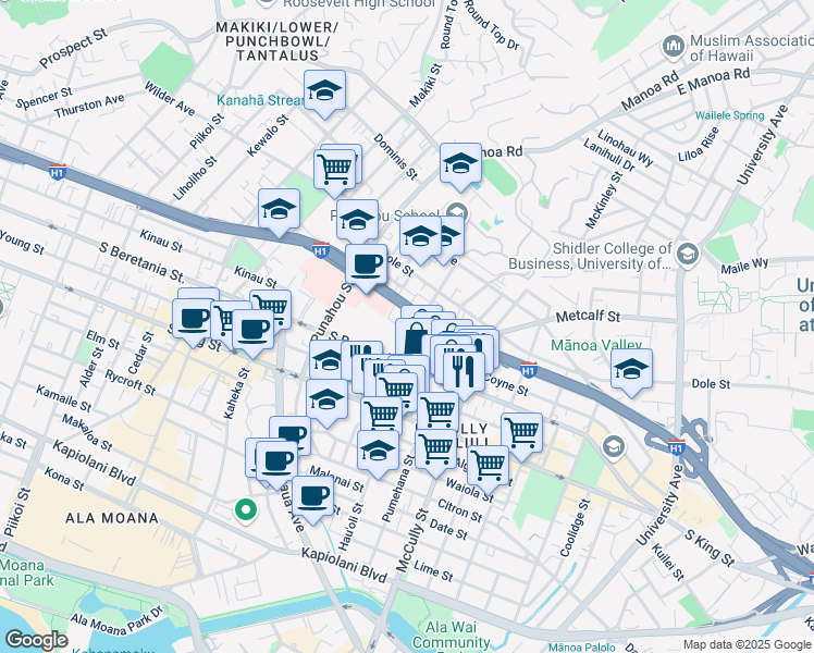 map of restaurants, bars, coffee shops, grocery stores, and more near 1231 Alexander Street in Honolulu