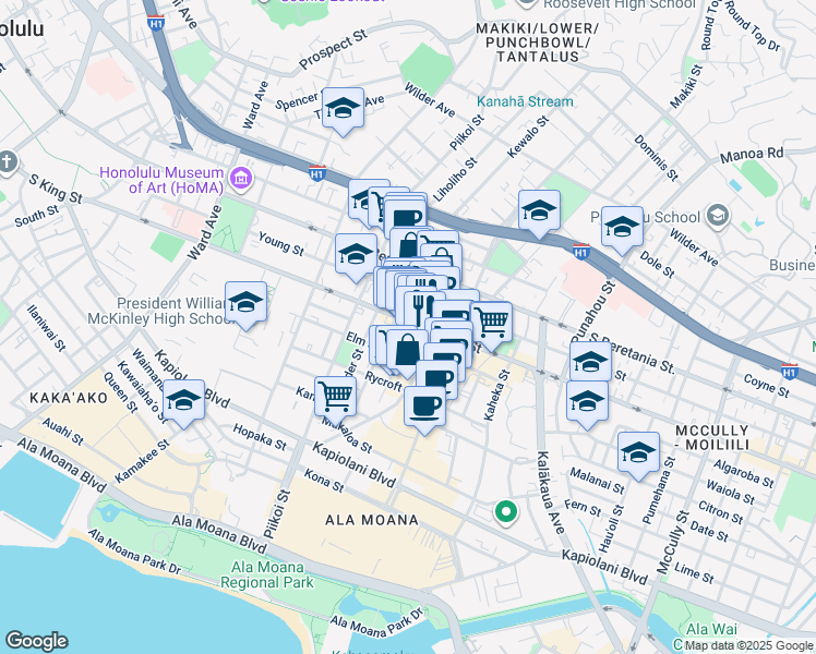 map of restaurants, bars, coffee shops, grocery stores, and more near 1289 South King Street in Honolulu