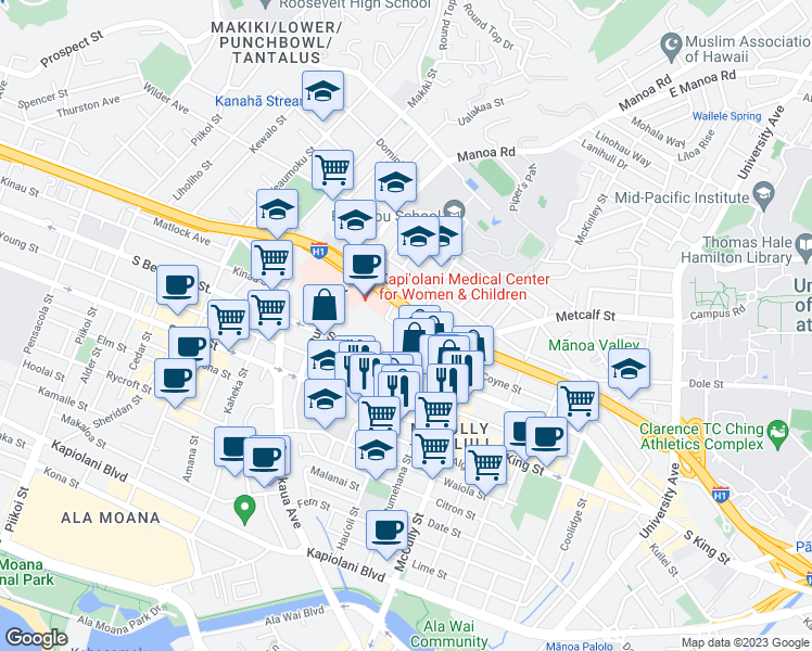 map of restaurants, bars, coffee shops, grocery stores, and more near 1231 Alexander Street in Honolulu