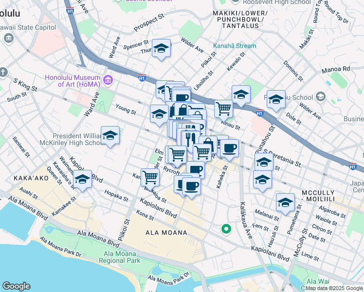 map of restaurants, bars, coffee shops, grocery stores, and more near 925 Cedar Street in Honolulu