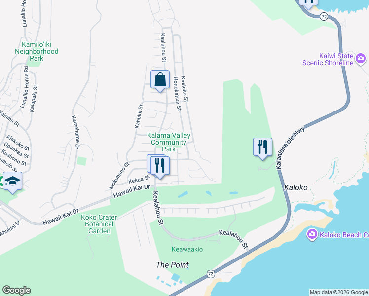 map of restaurants, bars, coffee shops, grocery stores, and more near 1181 Kalama Paka Place in Honolulu