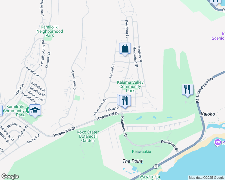 map of restaurants, bars, coffee shops, grocery stores, and more near 7537 Mokunoio Place in Honolulu