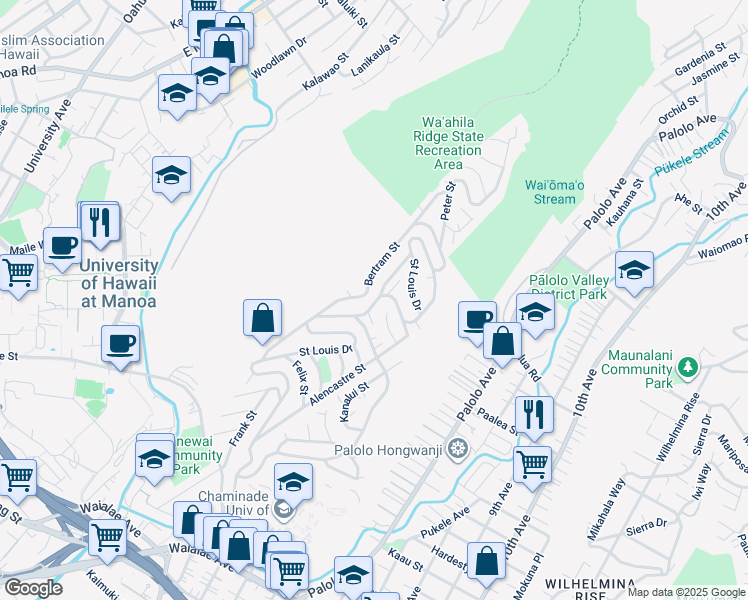 map of restaurants, bars, coffee shops, grocery stores, and more near 1966 Saint Louis Drive in Honolulu
