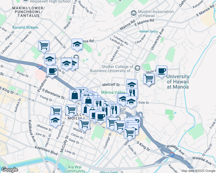 map of restaurants, bars, coffee shops, grocery stores, and more near 2111 Momi Way in Honolulu