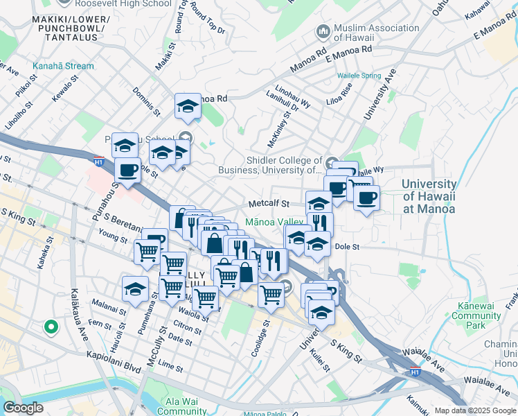map of restaurants, bars, coffee shops, grocery stores, and more near 2111 Momi Way in Honolulu