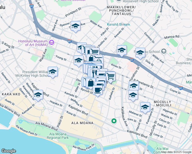 map of restaurants, bars, coffee shops, grocery stores, and more near 1314 South King Street in Honolulu