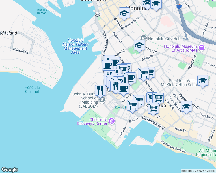 map of restaurants, bars, coffee shops, grocery stores, and more near 653 Ala Moana Boulevard in Honolulu