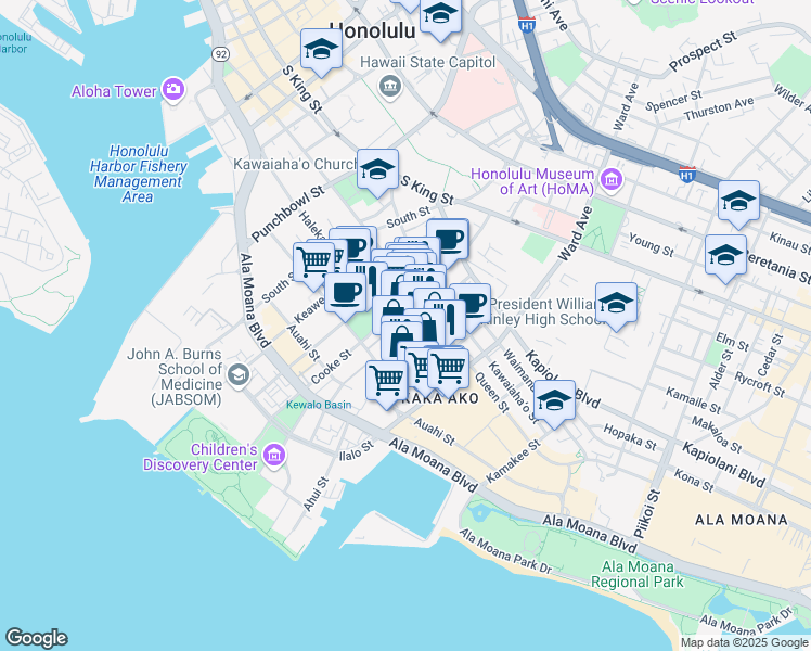 map of restaurants, bars, coffee shops, grocery stores, and more near 801 Halekauwila Street in Honolulu
