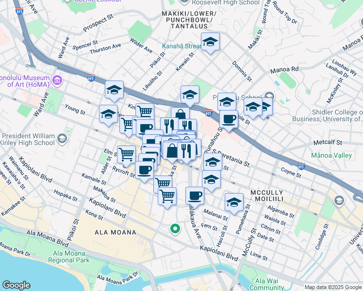 map of restaurants, bars, coffee shops, grocery stores, and more near 1505 Young Street in Honolulu