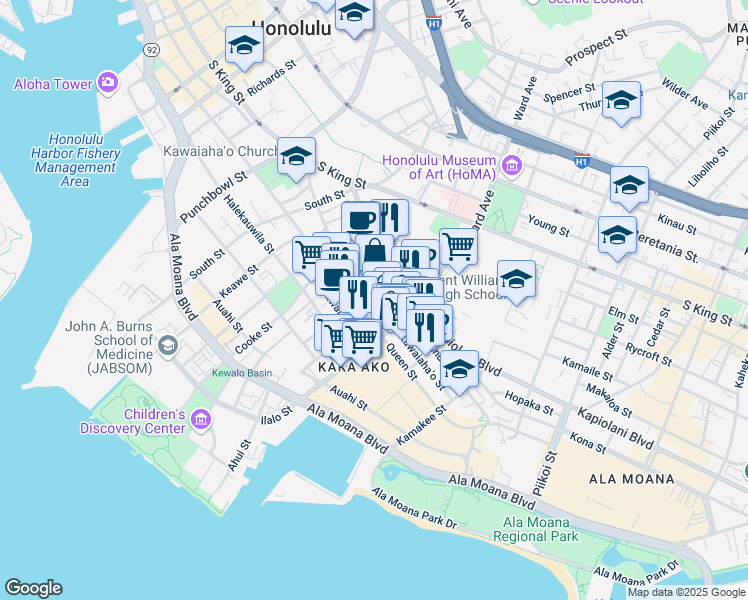 map of restaurants, bars, coffee shops, grocery stores, and more near Kawaiahao Street in Honolulu