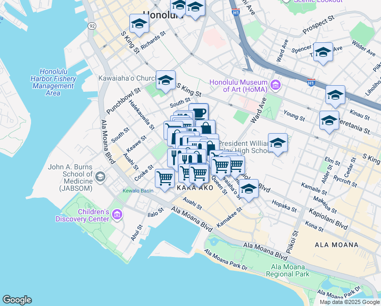 map of restaurants, bars, coffee shops, grocery stores, and more near 871 Queen Street in Honolulu