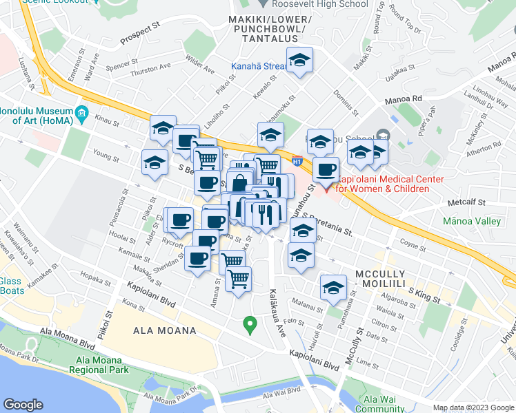 map of restaurants, bars, coffee shops, grocery stores, and more near 1505 Young Street in Honolulu