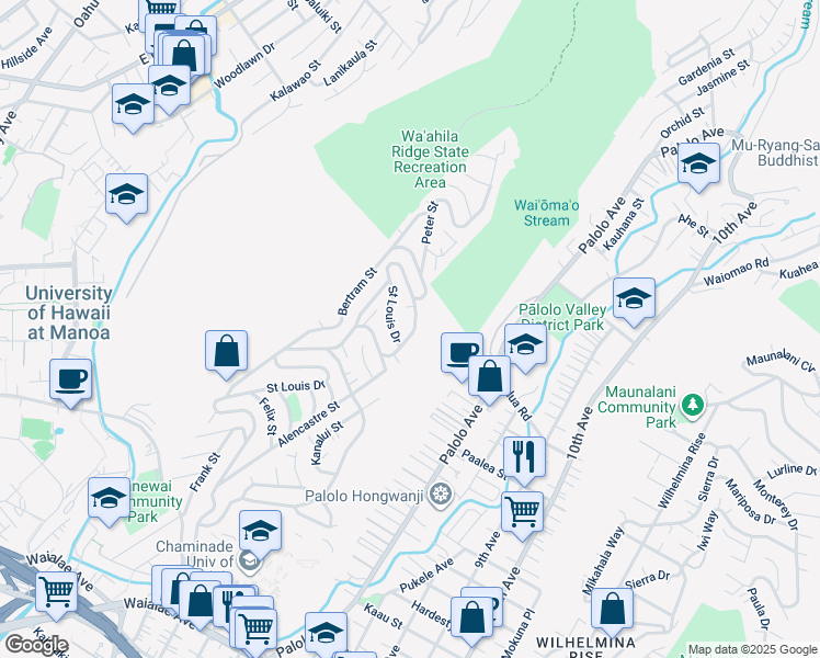 map of restaurants, bars, coffee shops, grocery stores, and more near 2217 Noah Street in Honolulu