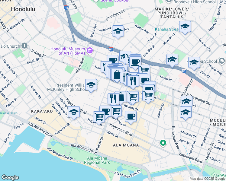 map of restaurants, bars, coffee shops, grocery stores, and more near 830 Piikoi Street in Honolulu