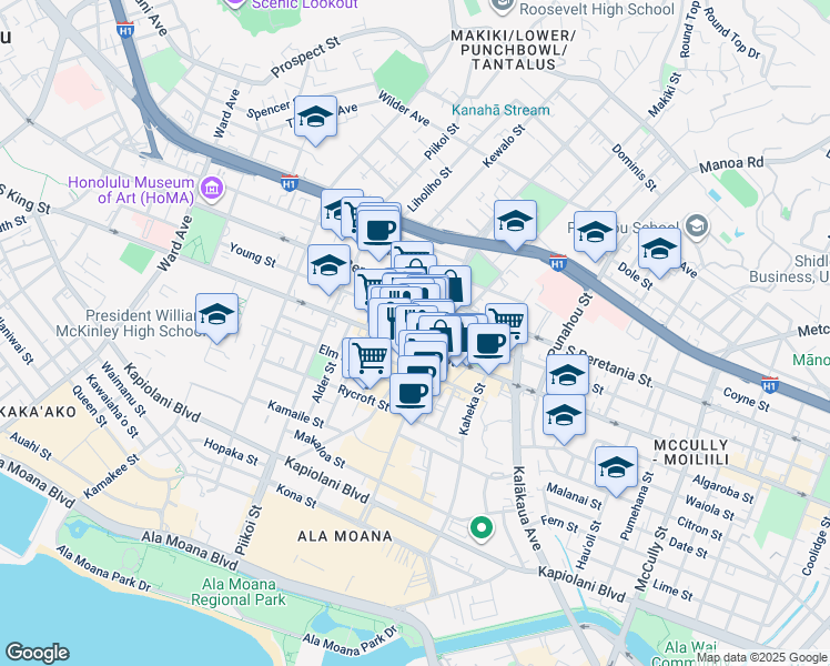 map of restaurants, bars, coffee shops, grocery stores, and more near 1375 South King Street in Honolulu