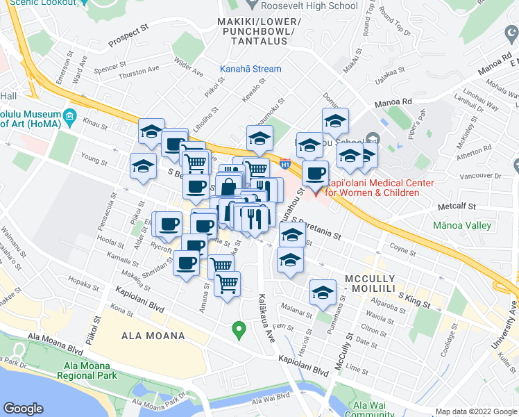 map of restaurants, bars, coffee shops, grocery stores, and more near 1505 Young Street in Honolulu