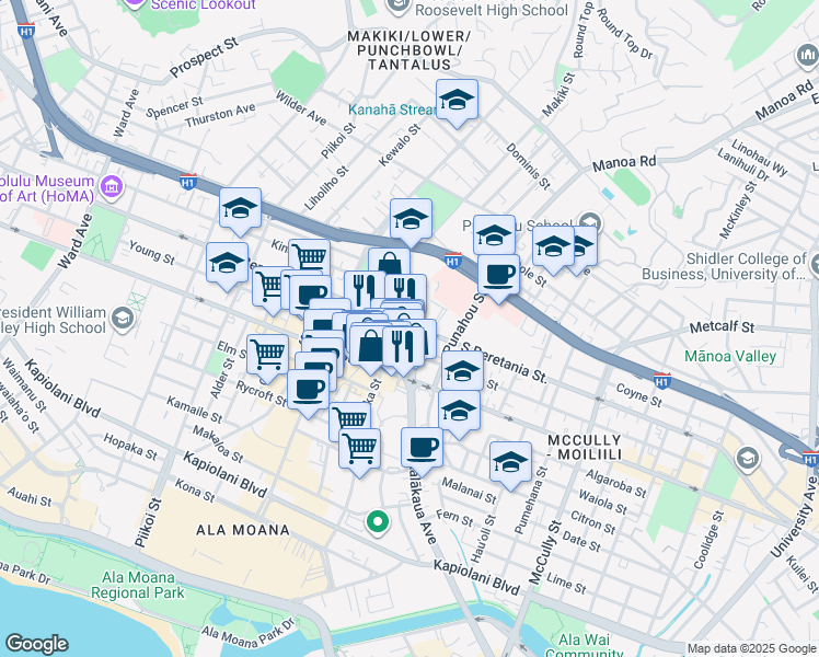 map of restaurants, bars, coffee shops, grocery stores, and more near 1505 Young Street in Honolulu
