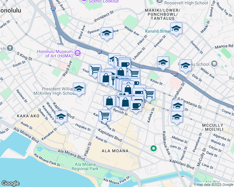 map of restaurants, bars, coffee shops, grocery stores, and more near 1236 Elm Street in Honolulu