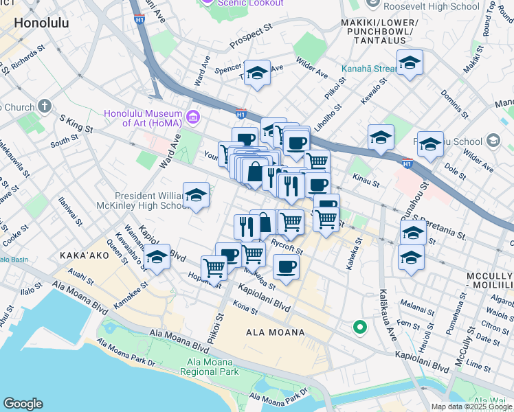 map of restaurants, bars, coffee shops, grocery stores, and more near 830 Piikoi Street in Honolulu