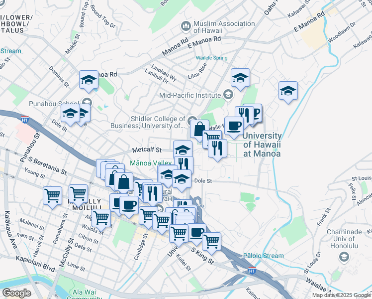 map of restaurants, bars, coffee shops, grocery stores, and more near 1810 University Avenue in Honolulu