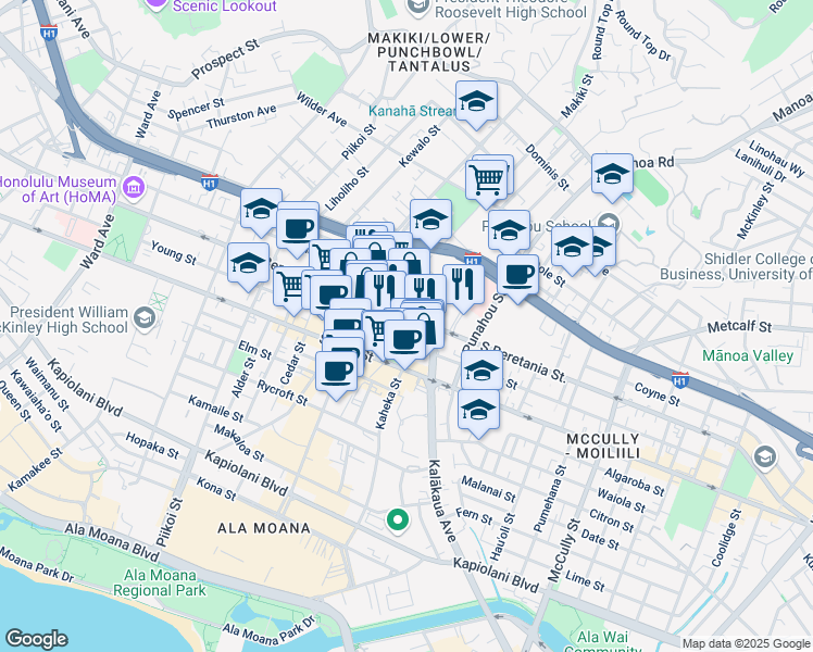 map of restaurants, bars, coffee shops, grocery stores, and more near 1450 South Beretania Street in Honolulu
