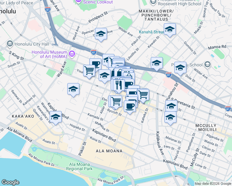 map of restaurants, bars, coffee shops, grocery stores, and more near 1245 Birch Street in Honolulu