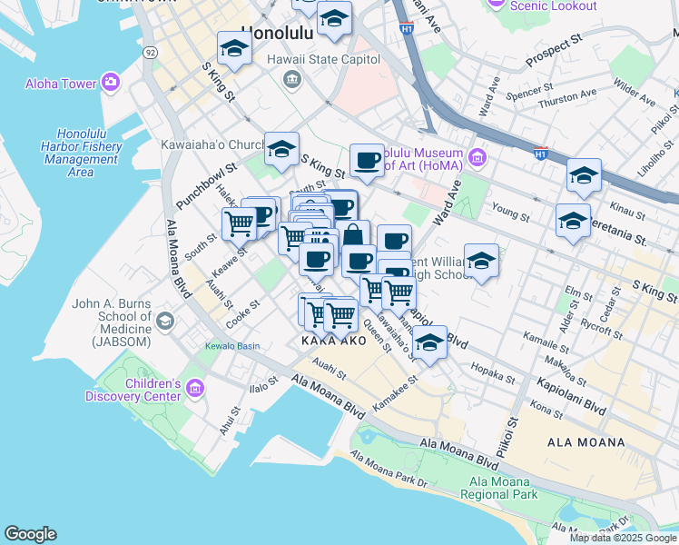 map of restaurants, bars, coffee shops, grocery stores, and more near 764e Kawaiahao Street in Honolulu