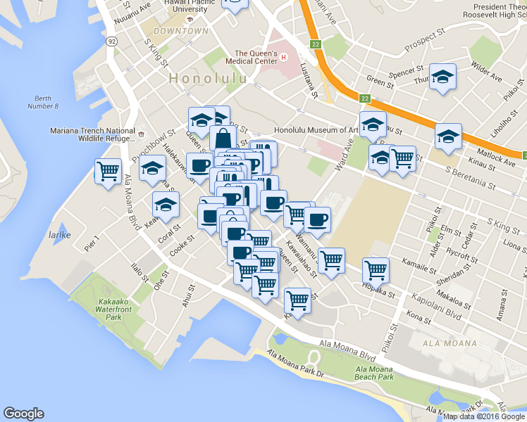 map of restaurants, bars, coffee shops, grocery stores, and more near Kawaiahao Street in Honolulu