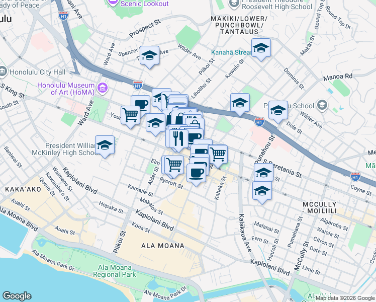 map of restaurants, bars, coffee shops, grocery stores, and more near 1314 South King Street in Honolulu