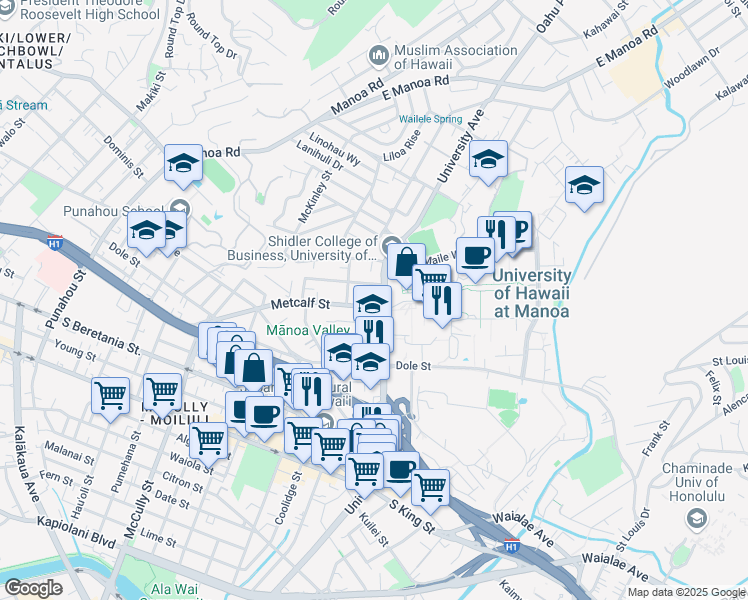 map of restaurants, bars, coffee shops, grocery stores, and more near 1899 University Avenue in Honolulu