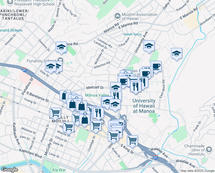 map of restaurants, bars, coffee shops, grocery stores, and more near 1727 Hunnewell Street in Honolulu