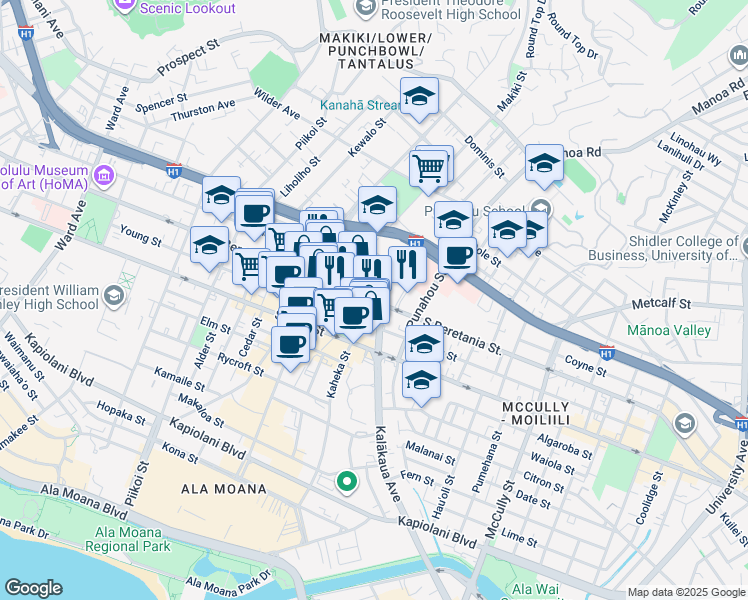 map of restaurants, bars, coffee shops, grocery stores, and more near 1450 South Beretania Street in Honolulu