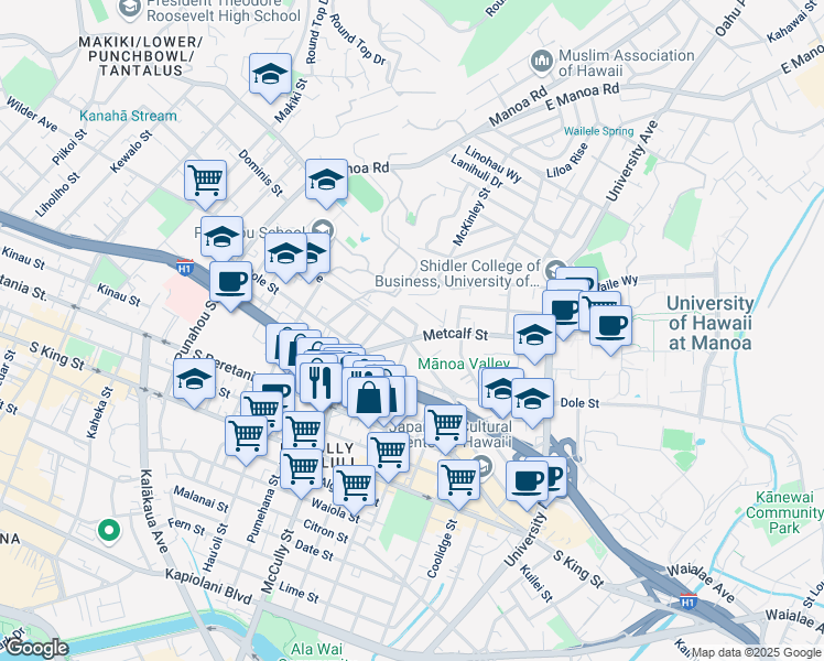 map of restaurants, bars, coffee shops, grocery stores, and more near 2067 Clement Street in Honolulu