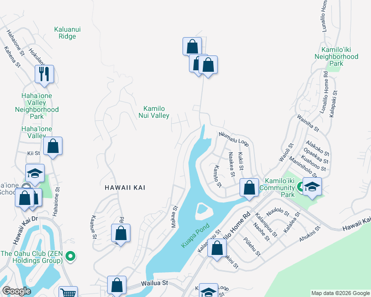 map of restaurants, bars, coffee shops, grocery stores, and more near 7496 Makaa Street in Honolulu