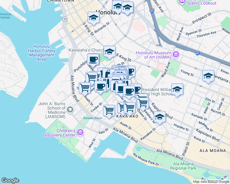 map of restaurants, bars, coffee shops, grocery stores, and more near 611 Cooke Street in Honolulu