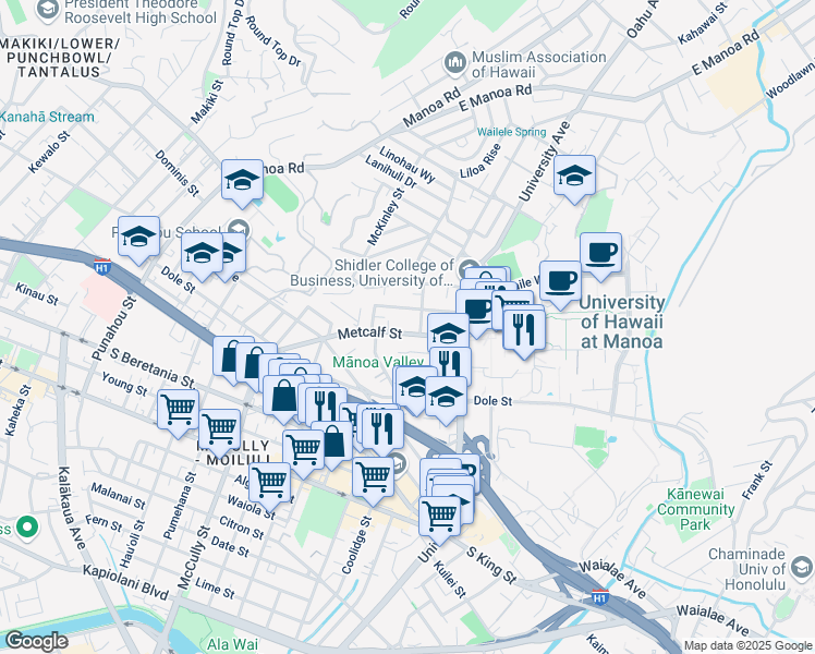 map of restaurants, bars, coffee shops, grocery stores, and more near 2221 Seaview Avenue in Honolulu
