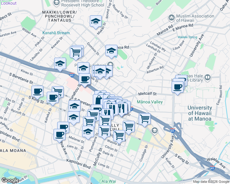 map of restaurants, bars, coffee shops, grocery stores, and more near in Honolulu