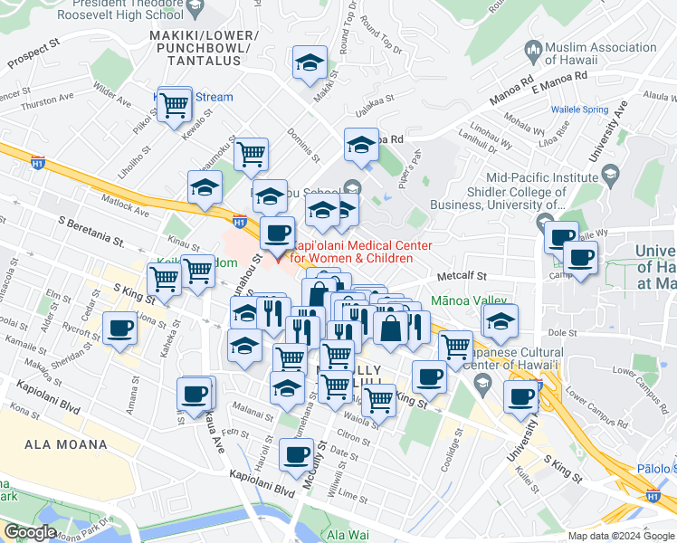map of restaurants, bars, coffee shops, grocery stores, and more near in Honolulu