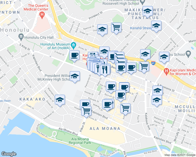 map of restaurants, bars, coffee shops, grocery stores, and more near 1133 South King Street in Honolulu