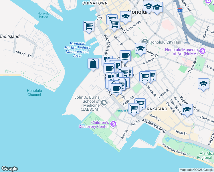 map of restaurants, bars, coffee shops, grocery stores, and more near in Honolulu