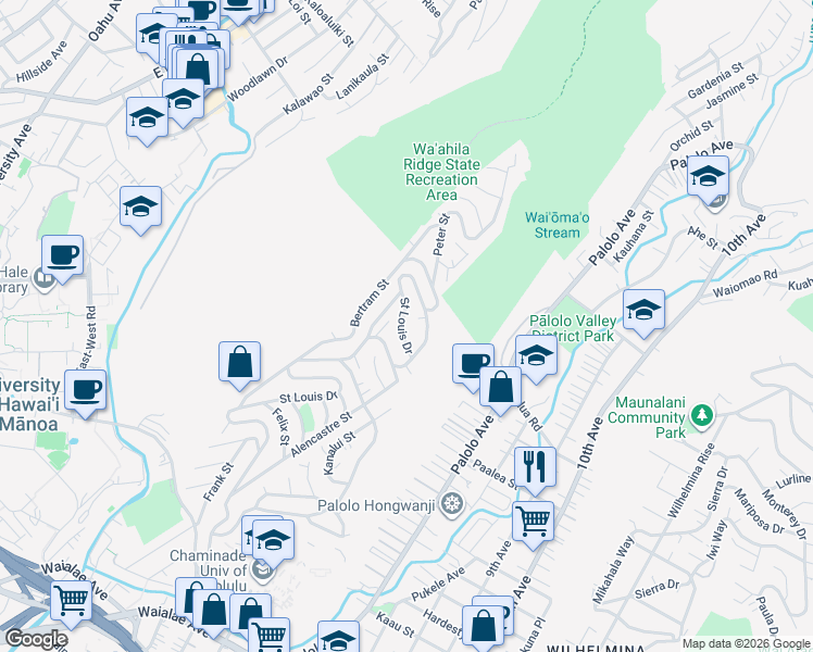 map of restaurants, bars, coffee shops, grocery stores, and more near 2272 Noah Street in Honolulu