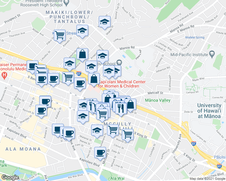 map of restaurants, bars, coffee shops, grocery stores, and more near 1718 Clark Street in Honolulu