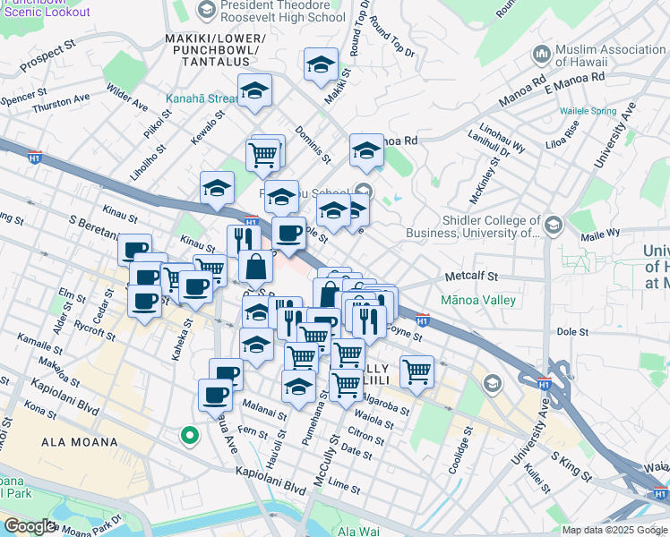 map of restaurants, bars, coffee shops, grocery stores, and more near 1718 Clark Street in Honolulu