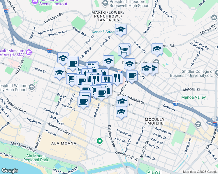 map of restaurants, bars, coffee shops, grocery stores, and more near 1450 South Beretania Street in Honolulu