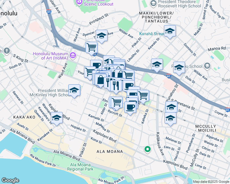 map of restaurants, bars, coffee shops, grocery stores, and more near in Honolulu